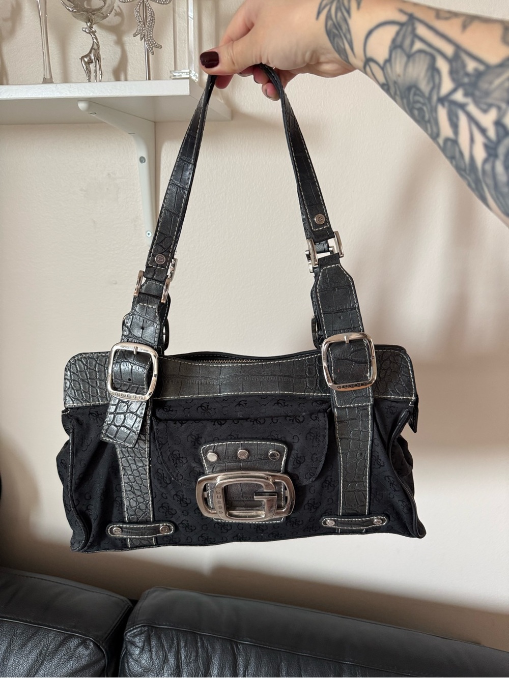 Guess Black Logo-Print Shoulder Bag with Silver Buckle